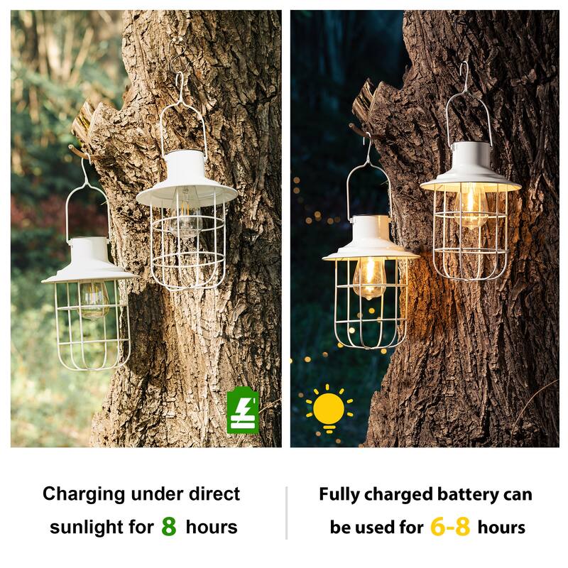 Glitzhome Set of 2 Metal Wire Solar Powered Outdoor Hanging Lantern