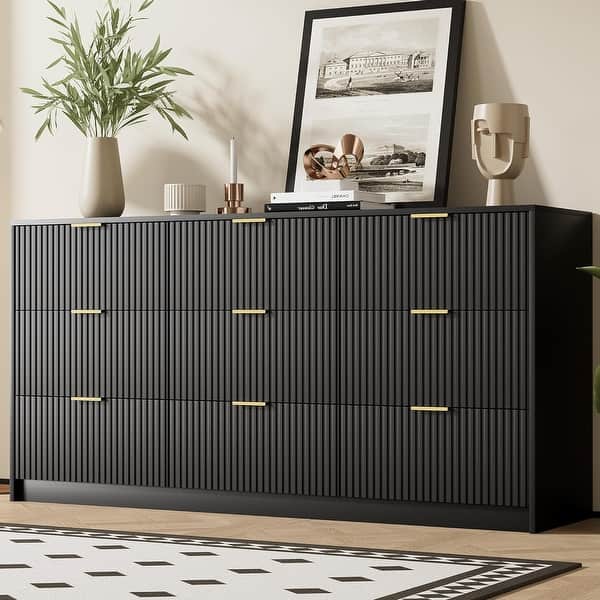 Black Fluted Modern Dresser, Wide Chest of Drawers Storage Cabinet with Gold Handles for Bedroom Living Room Entryway