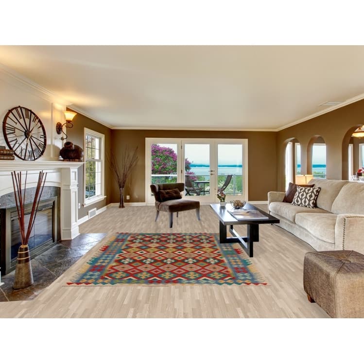 Hand Woven Oriental 100% Wool Carpet Southwestern Geometric Multi-Colored Kilim Area Rug - 8' 3'' X 6' 3''