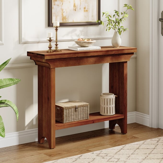 39.37" Solid Wood Console Table, 2-Tier Small Entryway Table