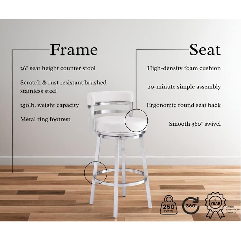 Madrid White Modern Swivel Bar Stool, Upholstered Counter Height Chair with Metal Frame