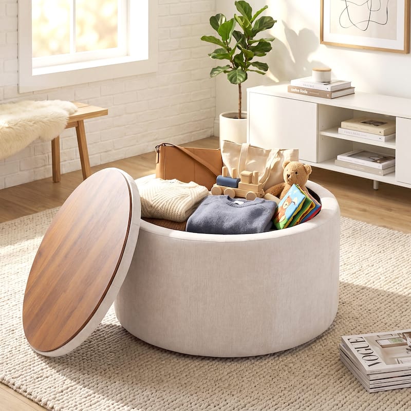 Adeco 24" W Round Tufted Storage Ottoman with Reversible Tray Lid