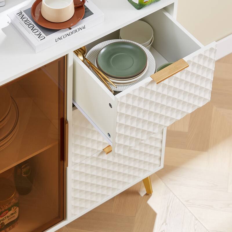 Modern Storage Cabinet withTempered Glass Door, Gold Legs ,3 Drawers and Display Shelf