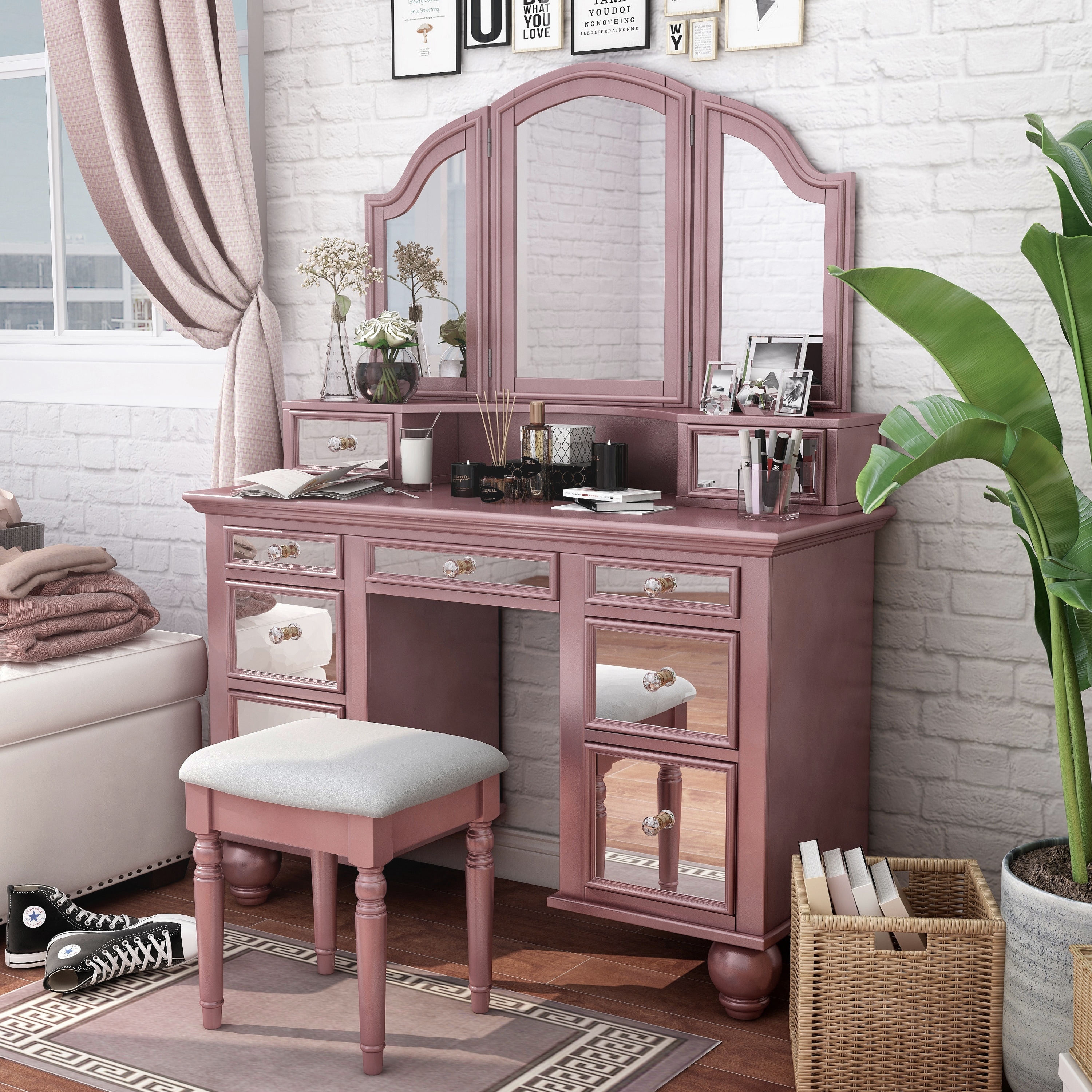 Nena Glam Wood 3-Piece Vanity Set with Tri-fold Mirror by Furniture of America | Overstock.com Shopping - The Best Deals on Bedroom Accents | 22704335