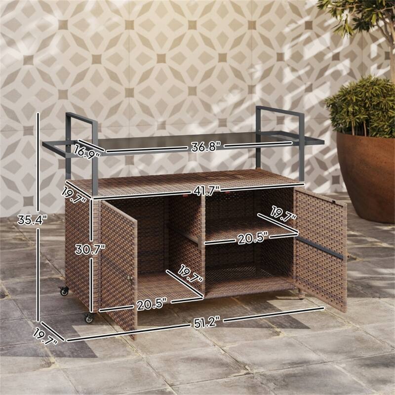 Outdoor Bar Cart PE Rattan Steel Tempered Glass Rolling Beverage Serving Cart with Storage - 51.25" W x 19.75" D x 35.5" H