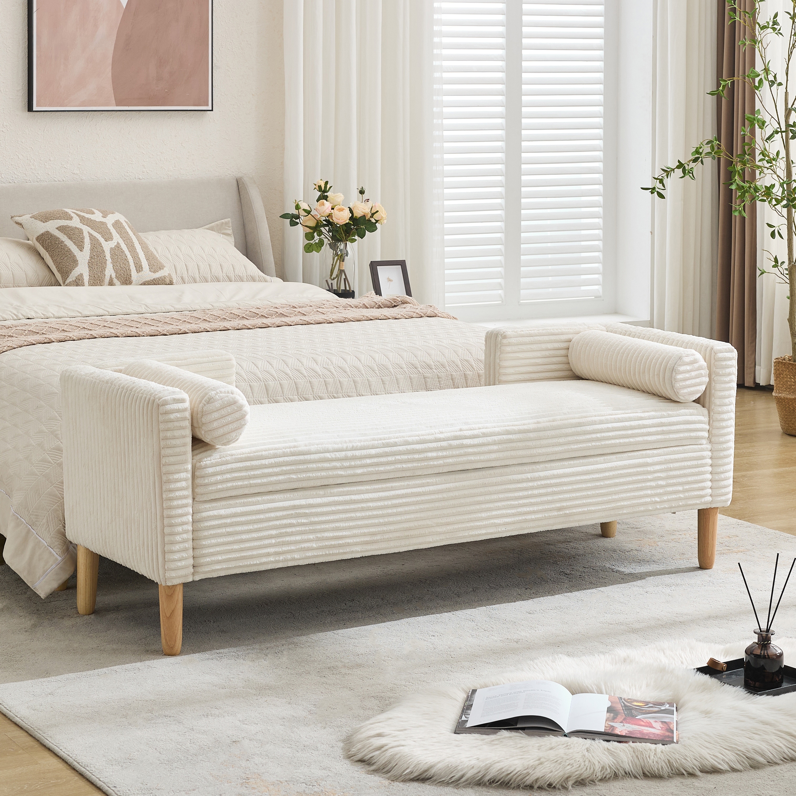65.4"W End of Bed Storage Bench,Modern Ottoman Bench with Arms and Pillows