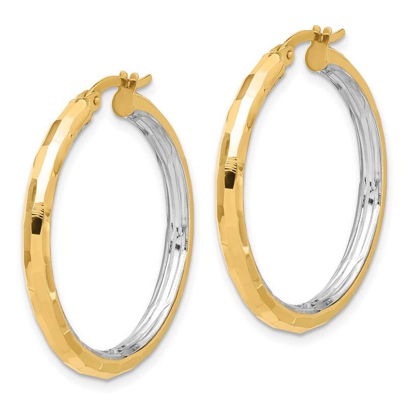 Curata 14k Yellow Gold White Rhodium Polished and Diamond cut Hoop Earrings - 33.5x31.3mm