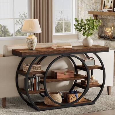 47-Inch Brown MDF Entryway Table, 5-Tier Industrial Sofa Table with Storage Shelves