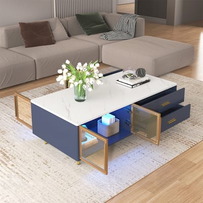 Coffee Table w/ 2 Glass Door Storage, 4 Drawers, Multi-Color Lighting