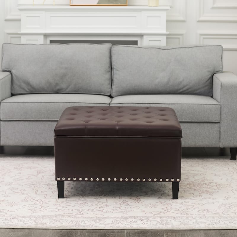 Adeco Large Square Footstool Fabric Storage Ottoman Bench - Dark-Brown-Faux-Leather