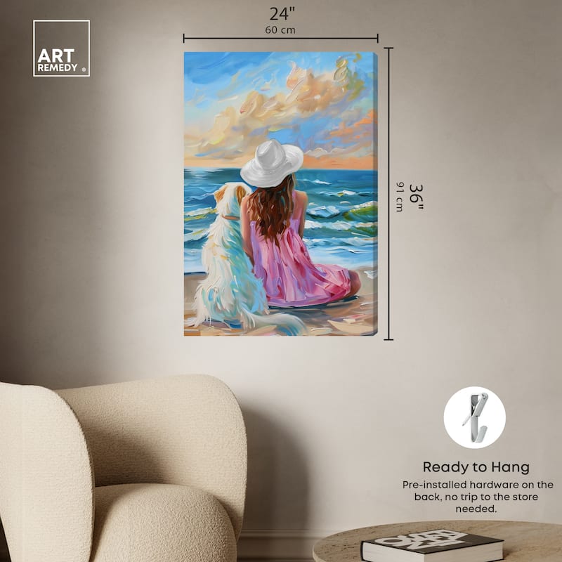 Art Remedy Girl And Her Best Friend Gallery Wrapped Colorful Coastal 1 Piece Canvas Wall Art