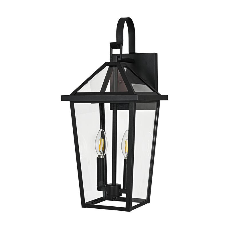 20 in. 2-Light Black Outdoor Hardwired Wall Lantern Sconce with Clear Glass Shade