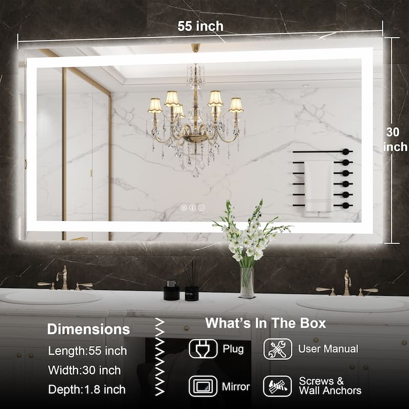 55 in. W x 30 in. H Large Rectangular Frameless Anti-Fog LED Light Wall Mounted Bathroom Vanity Mirror in White