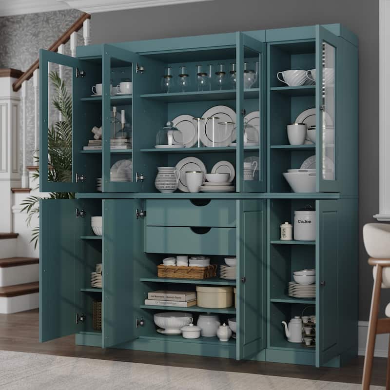 Palace Imports 100% Solid Wood Kitchen China Cabinet Pantry with Glass or Solid Wood Doors and 2-Drawer Kit - 65" x 71.5" - Aqua - 4 Clear Glass-4 Solid