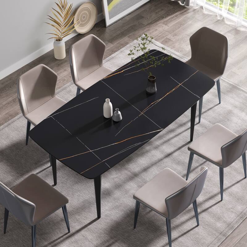 70.87"Modern artificial stone curved black metal leg dining table-can accommodate 6-8 people