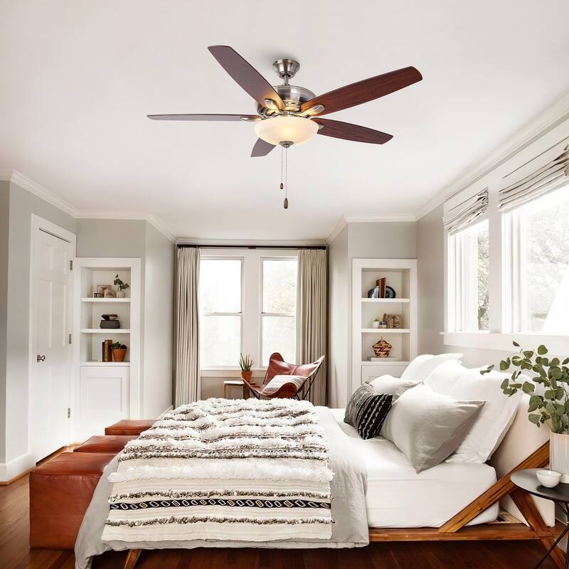 52-inch Traditional Nickel Frosted Glass Ceiling Fan with Light and Pull Chain - Polished Nickel