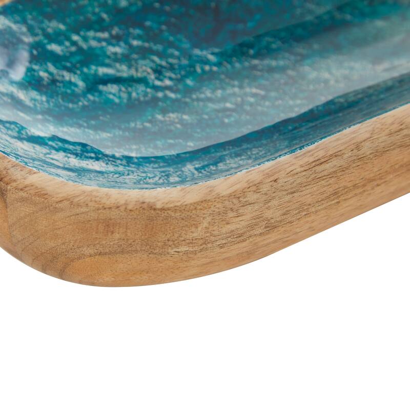 Brown Mango Wood Handmade Ocean Inspired Living Room Decor Tray with Colorful Enameled Interior