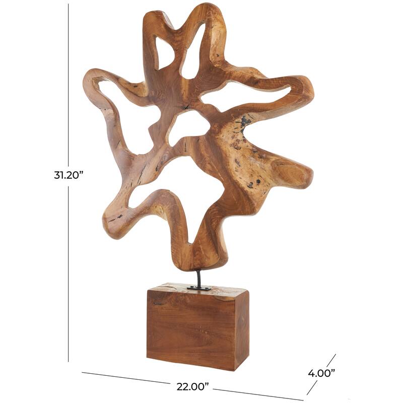 Brown Teak Wood Cutout Abstract Decorative Sculpture with Block Base