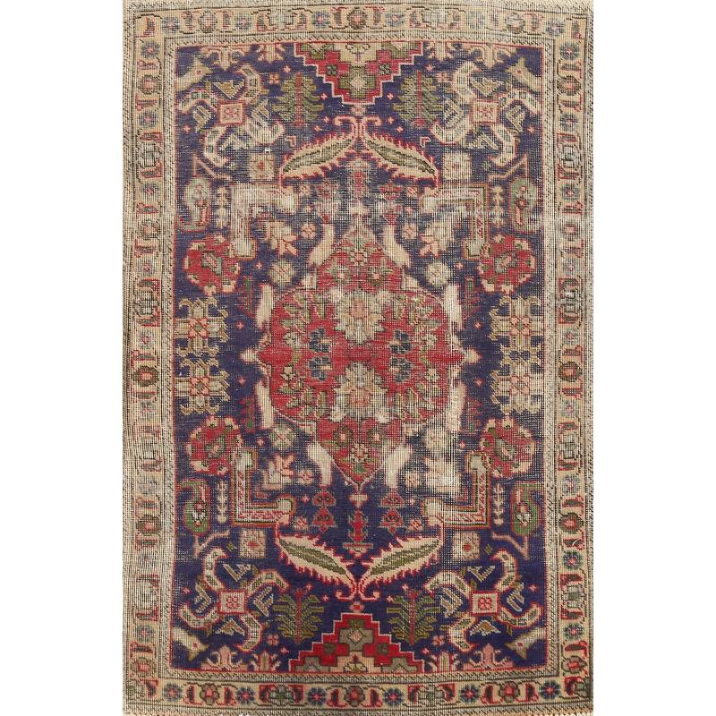 Hand Knotted Oriental 100% Wool Carpet Traditional Medallion Navy Blue & Blues Tabriz Area Rug - 4' 9'' X 3' 0''