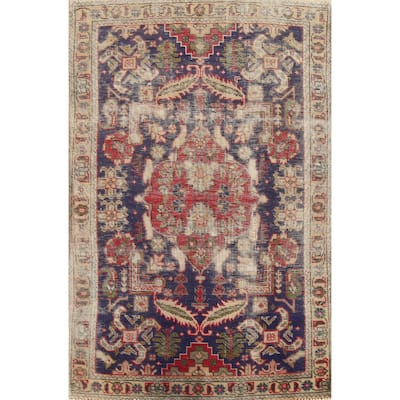 Hand Knotted Oriental 100% Wool Carpet Traditional Medallion Navy Blue & Blues Tabriz Area Rug - 4' 9'' X 3' 0''