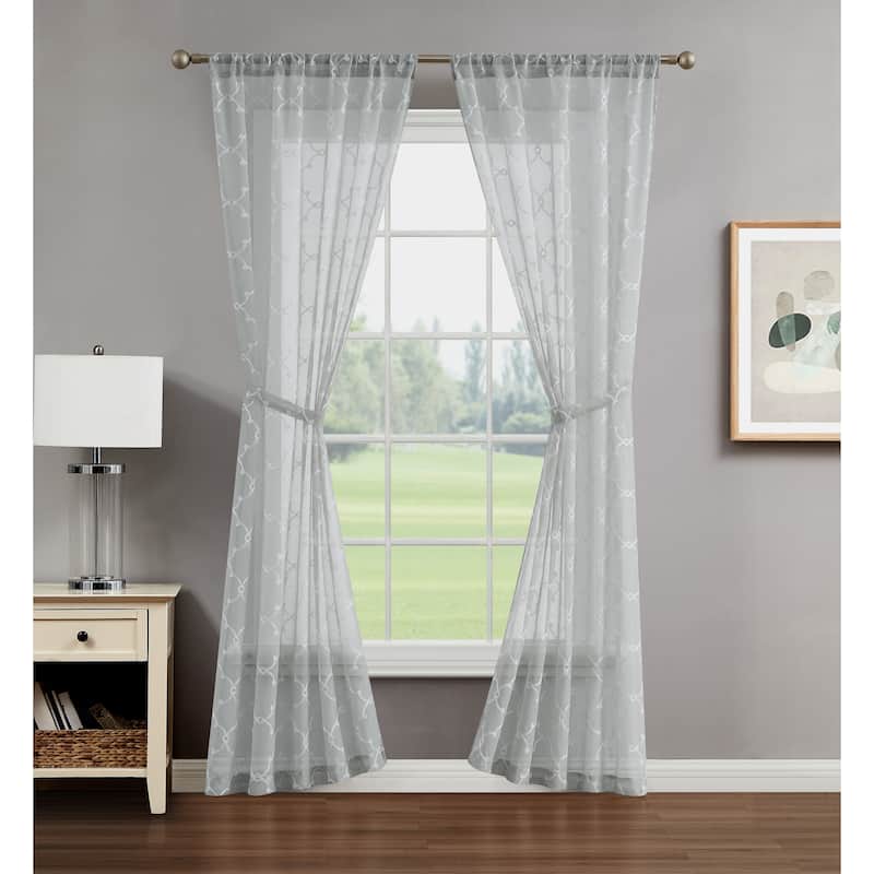 Creative Home Ideas Selena Embroidered Sheer Rod Pocket Window Curtain Panel Pair with Tiebacks