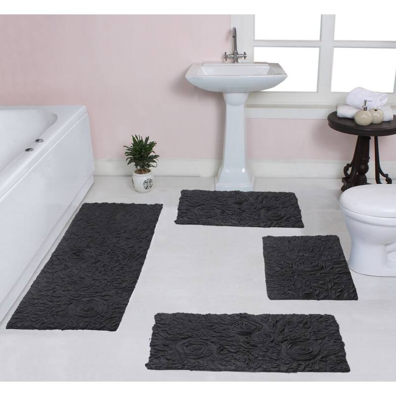 Home Weavers Modesto Collection 100% Cotton Bath Rug, Non-Slip Bath Rug, Extra Soft, Machine Wash, 4 Pcs Set with Runner - Gray - 17"x24", 21"x34", 24"x40", 21"x54"