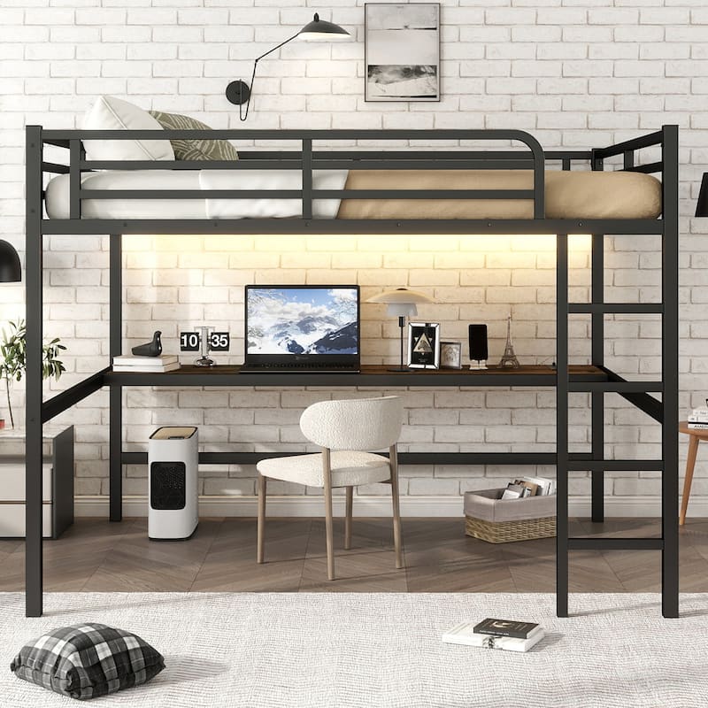 Queen Size Metal Loft Bed with Desk, USB Charging & LED Lights, Space-Saving Design, Black