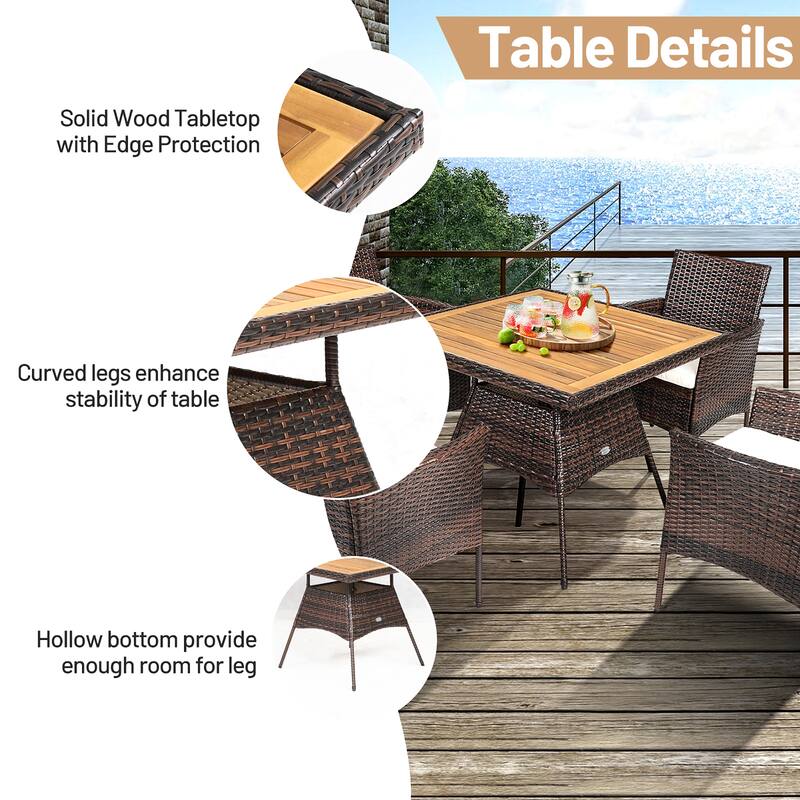 Costway 5PCS Patio Rattan Dining Furniture Set Arm Chair Wooden Table - See details