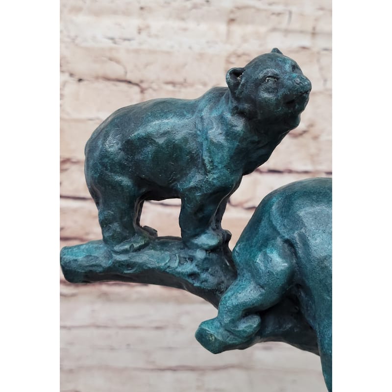 Bear Family Bears On Tree Branch - Bronze Metal Sculpture On White Marble Base