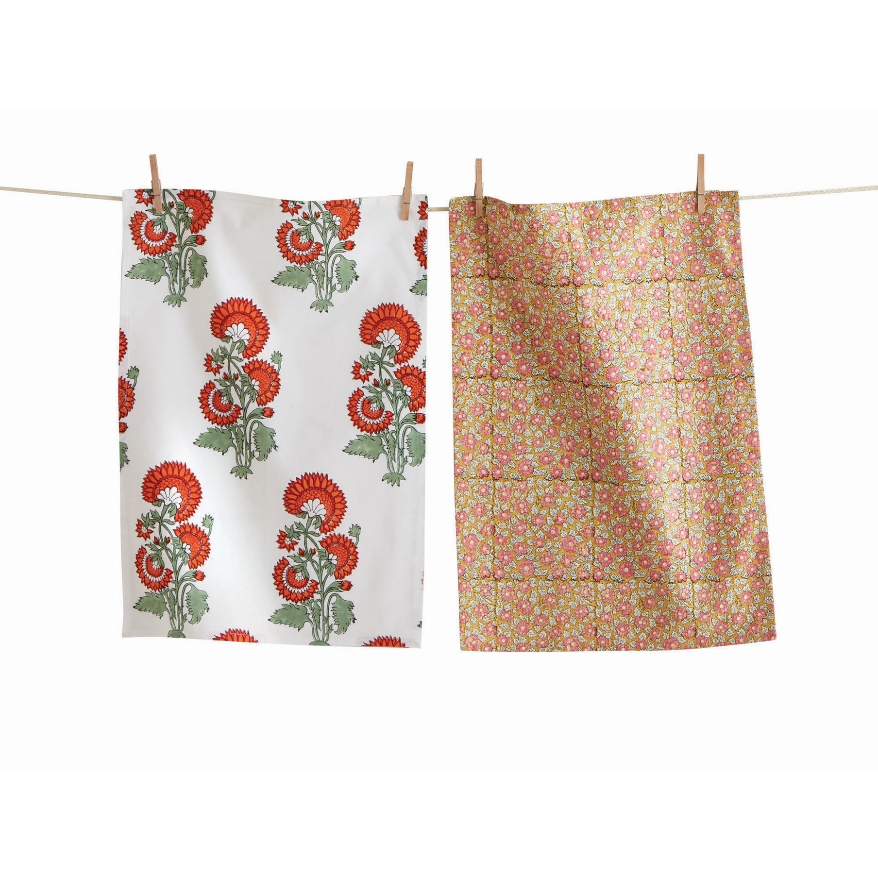 Phool Block Print Kitchen Towel Set of 2 Multicolor Cotton Everyday Dish Towels 13x26 inches Spot Clean