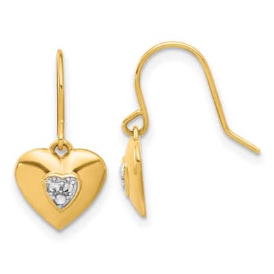 Curata 14k Yellow Gold White Rhodium Sparkle Cut Love Heart Guardian Angel Earrings - 19.25x9.75mm