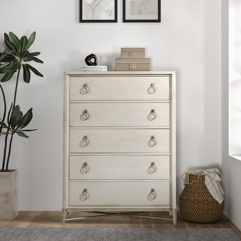 Roundhill Furniture Mantalia Solid Wood 5-Drawer Chest with Metal Frame, Champagne