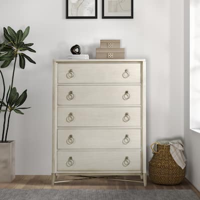 Roundhill Furniture Mantalia Solid Wood 5-Drawer Chest with Metal Frame, Champagne