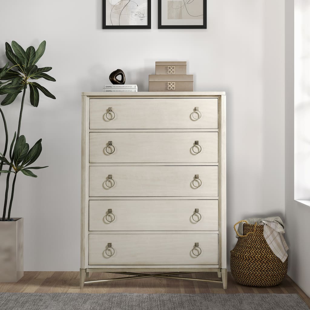 Roundhill Furniture Mantalia Solid Wood 5-Drawer Chest with Metal Frame, Champagne