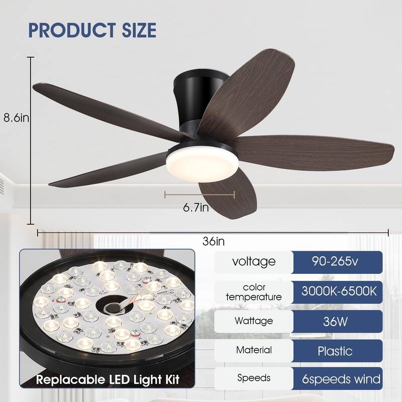36'' Inch Small Flush Mount Ceiling Fan with Light, 6 Speeds, Dimmable - N/A