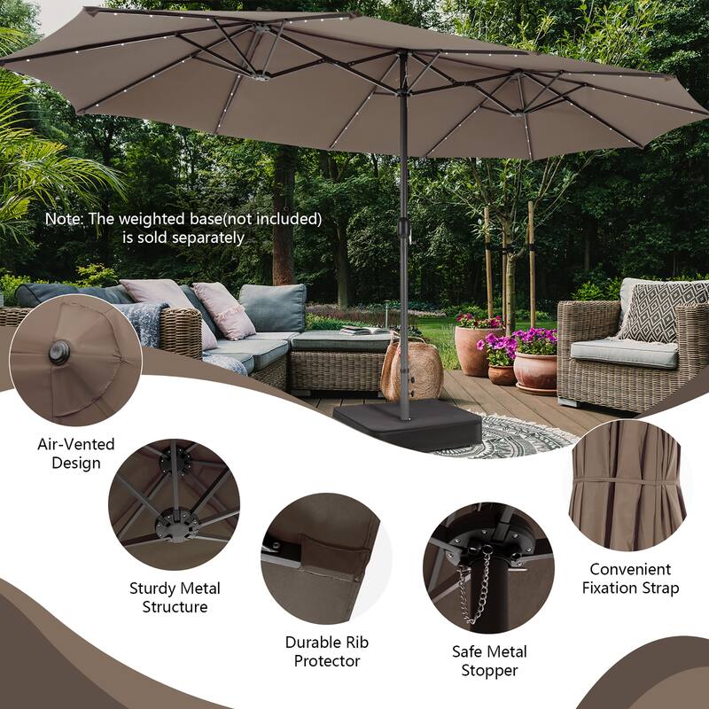 Costway 15FT Twin Patio Double-Sided Umbrella 48 Solar LED Lights - 15.4' x 9.2' x 8'
