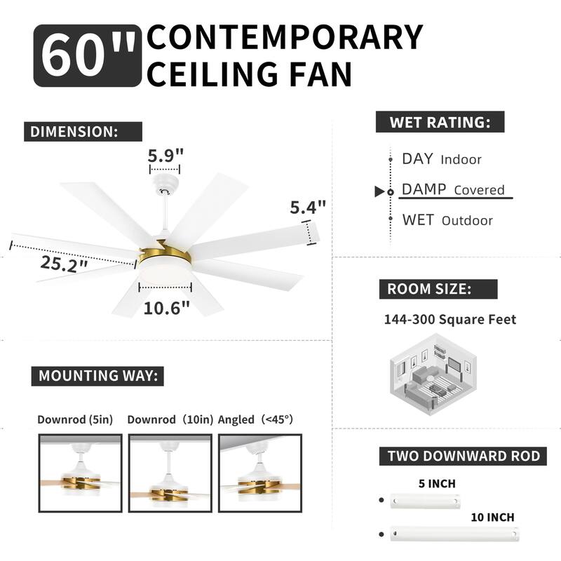 Moasis 60-inch 8 Blades Ceiling Fan with Light and Remote Control