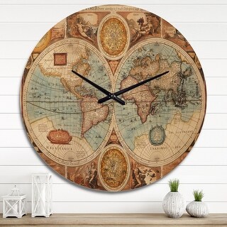 Designart 'Ancient Map of The World VIII' Vintage Wood Wall Clock - Bed ...