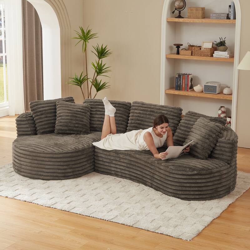 Curved Sectional Sofa with L-Shape Chaise Lounge, Oversized Corduroy Upholstered Sofa, Full-Compressed Deep Seat Sofa