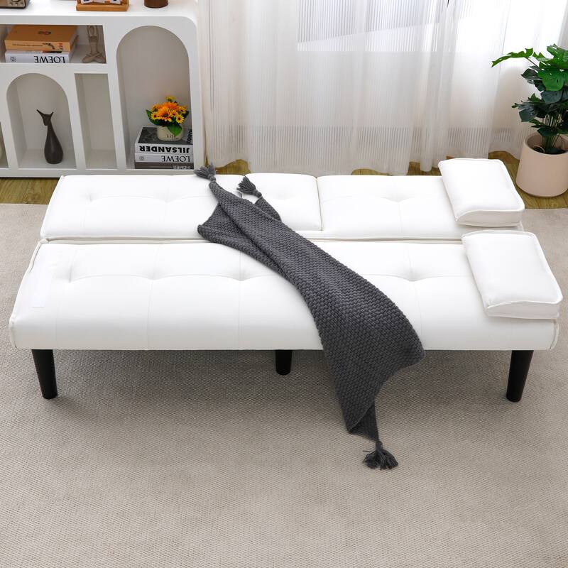 Convertible Loveseat Couch Adjustable Faux Leather Sleeper Sofa Bed with Coffee Table, Cup Holders and Removable Pillow Armrests - White