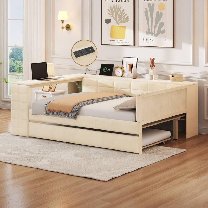 Velvet Full Size Platform Bed with Charging Station and Trundle, Storage Shelves - Beige