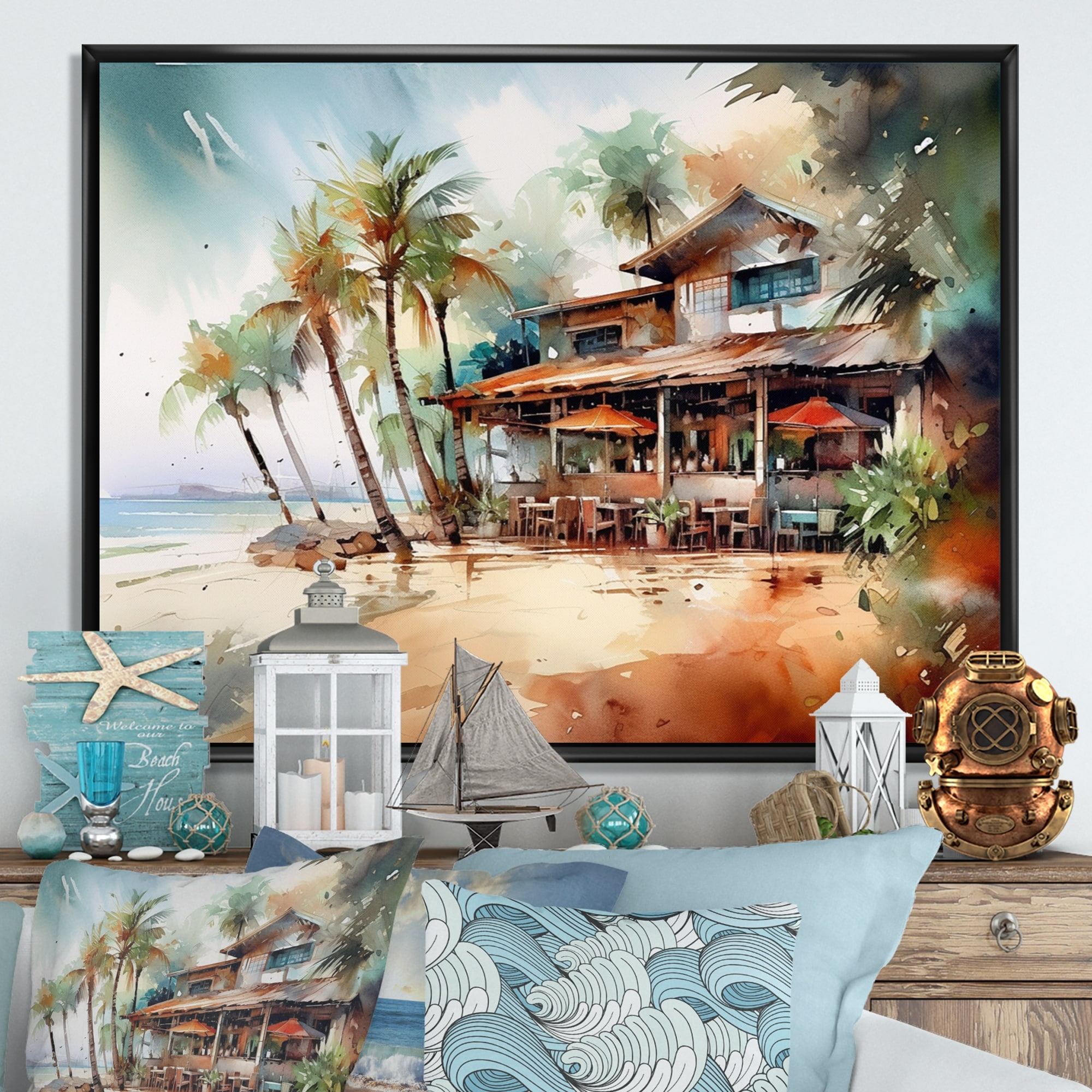 Designart "Tropical Beach House" Beach Framed Canvas Print Bed Bath   Beyond 38009690