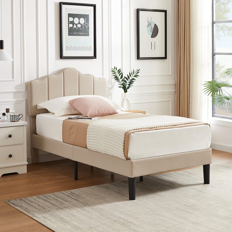 VECELO Modern Bed Frame with Adjustable Headboard, Twin Size Upholstered Bed Kids Bed set of 2