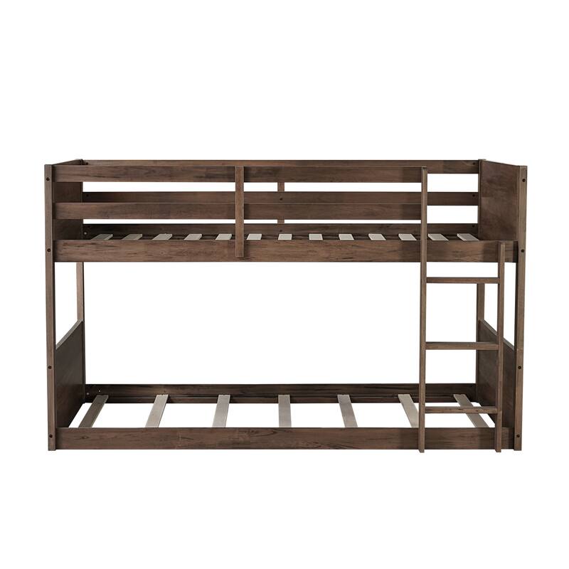 Twin over Twin Floor Bunk Bed w/ Headboard,Footboard,Safety Guardrails