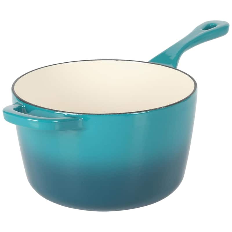 Crock-Pot Artisan 3 Quart Enameled Cast Iron Saucepan with Lid in Teal and Silver