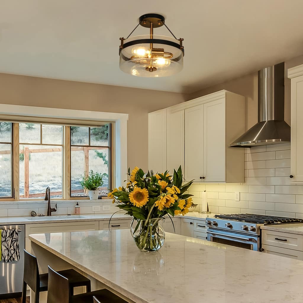 Coria Modern Farmhouse Drum Glass Semi-flush Mount Ceiling Lights Foyer Lighting for Entryway - D12'' * H10''