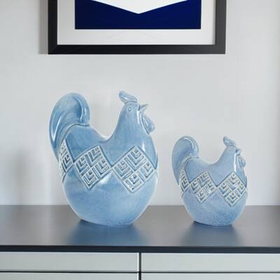 HomeRoots Set of Two Blue Ceramic Chicken Figurines - 8' X '8.25' X '4