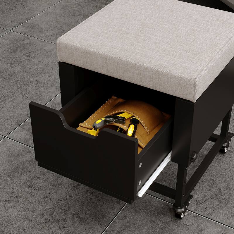 Garage Tool Stool on Wheels,Toolbox stool,Height-Adjustable,Detachable Seat,Storage Drawer