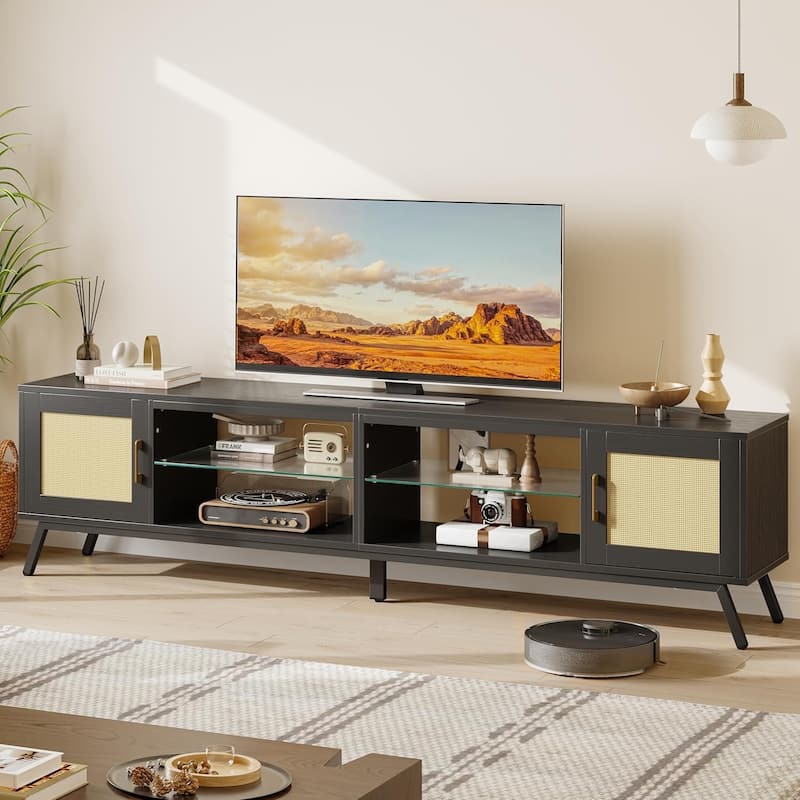 80'' Rattan Black TV Stand for TVs up to 85", Boho LED TV Console with Adjustable Shelves and doors