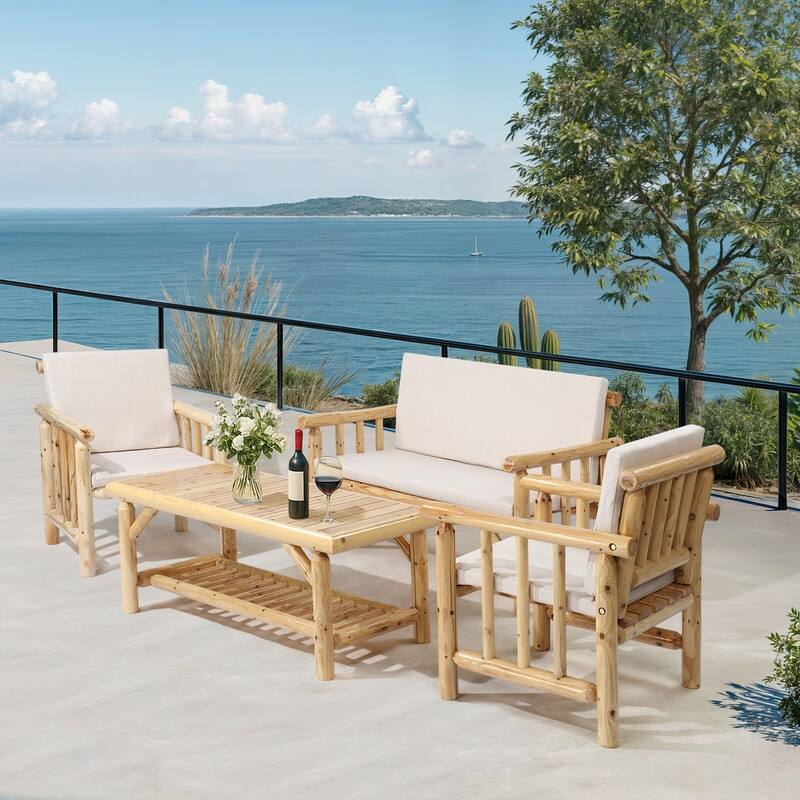 Cedar 4-Piece Wood Patio Conversation Set with Beige Cushions for Afternoon Tea & Conversation - Natural